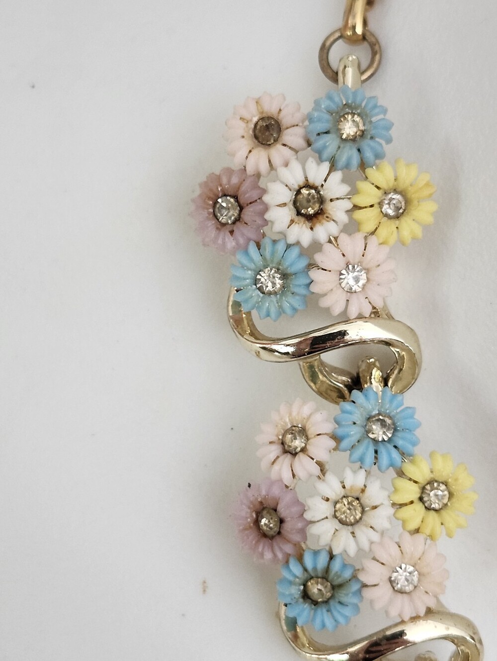 Vtg Pastel Floral Gold-Tone Necklace - Pink, Blue & Yellow - Picture 9 of 16